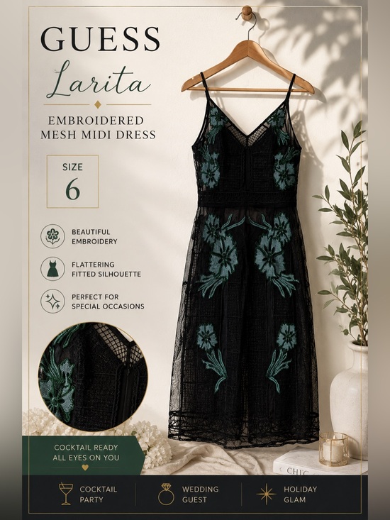 Guess Dresses & Skirts - GUESS Larita Embroidered Mesh Midi Dress Black Green Floral Size 6